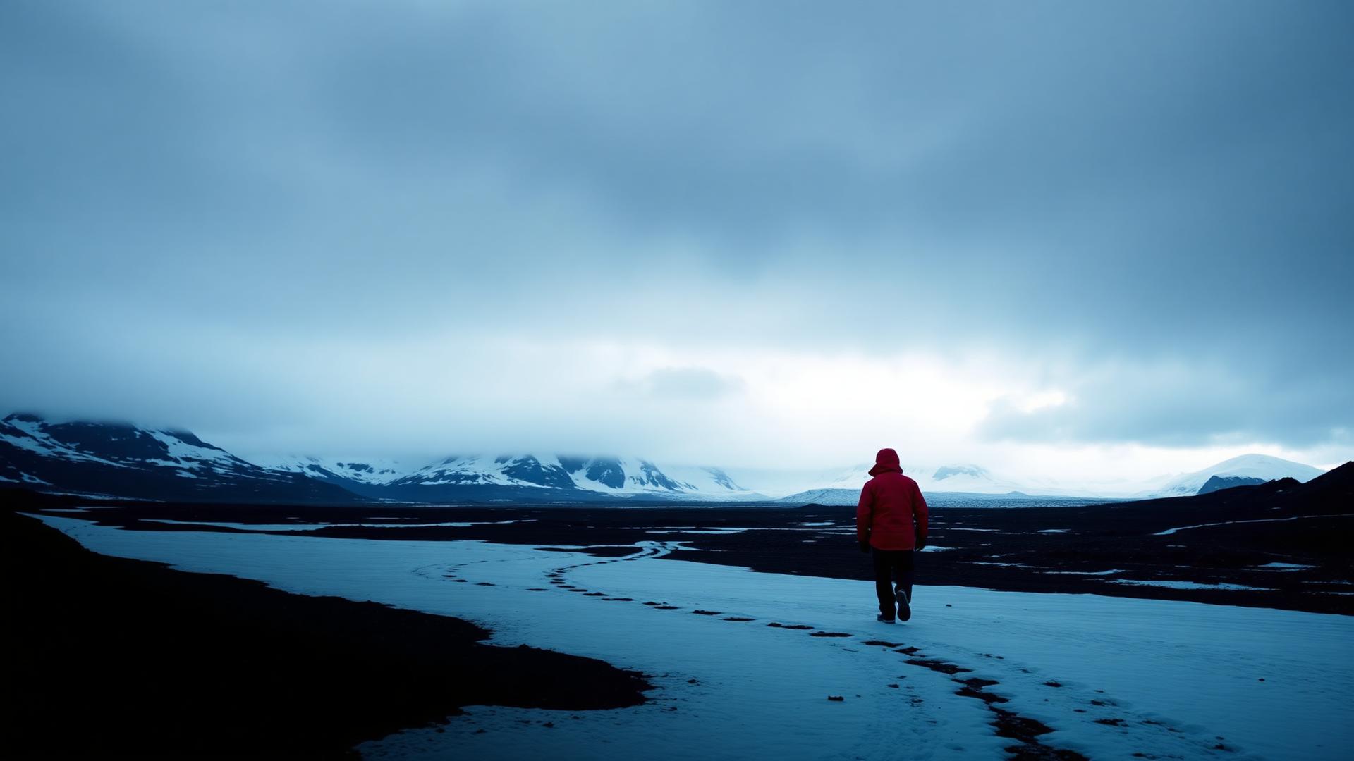 Lone figure walking into a vast arctic vista